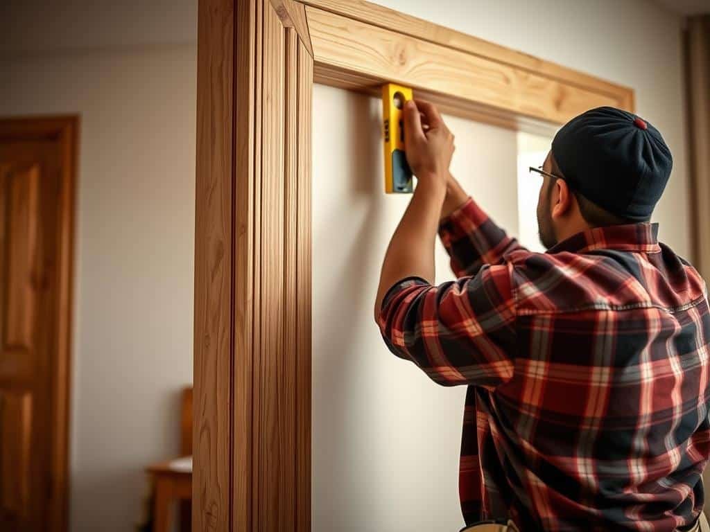 نجار أبواب خشب الكويت يقوم بتركيب إطار الباب بدقة عالية