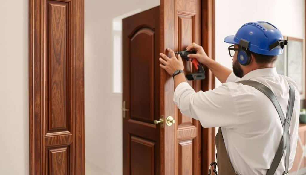 نجار أبواب خشب الكويت يعمل على تركيب باب خشبي فاخر